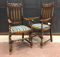 Lot 1025 - PAIR OF LATE VICTORIAN OAK OPEN ELBOW CHAIRS...