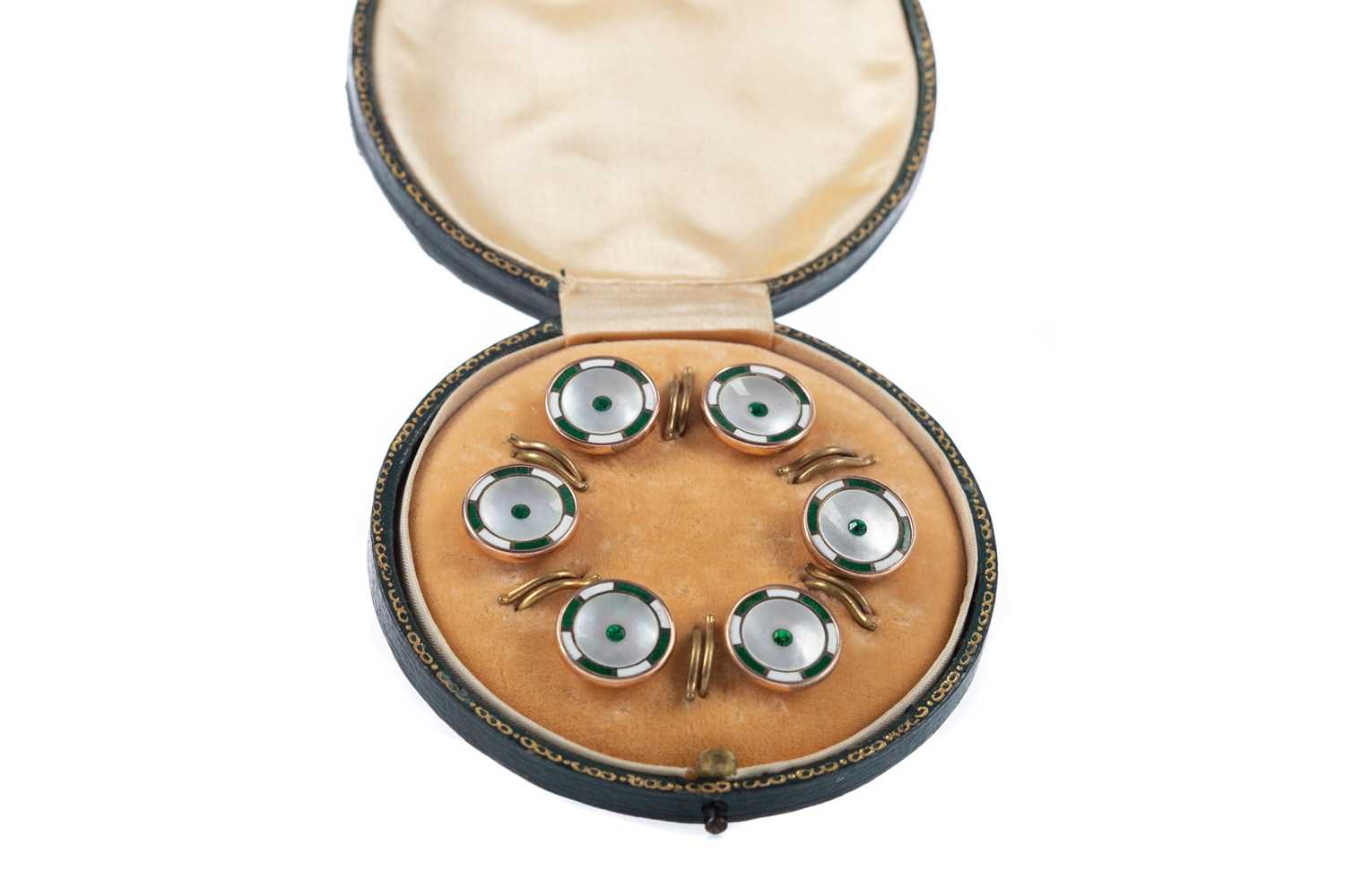 Lot 785 - A SET OF SIX EDWARDIAN GREEN GEMSTONE AND MOTHER OF PEARL SHIRT STUDS