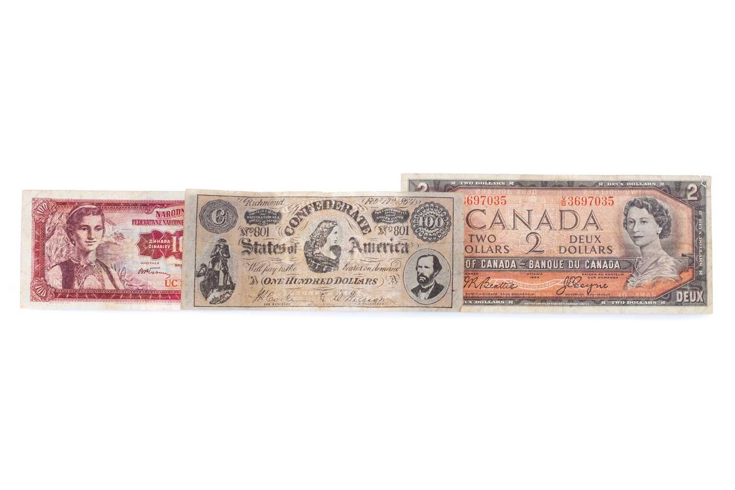 Lot 1 - AN AMERICAN, CANADIAN AND YUGOSLAVIAN BANKNOTE