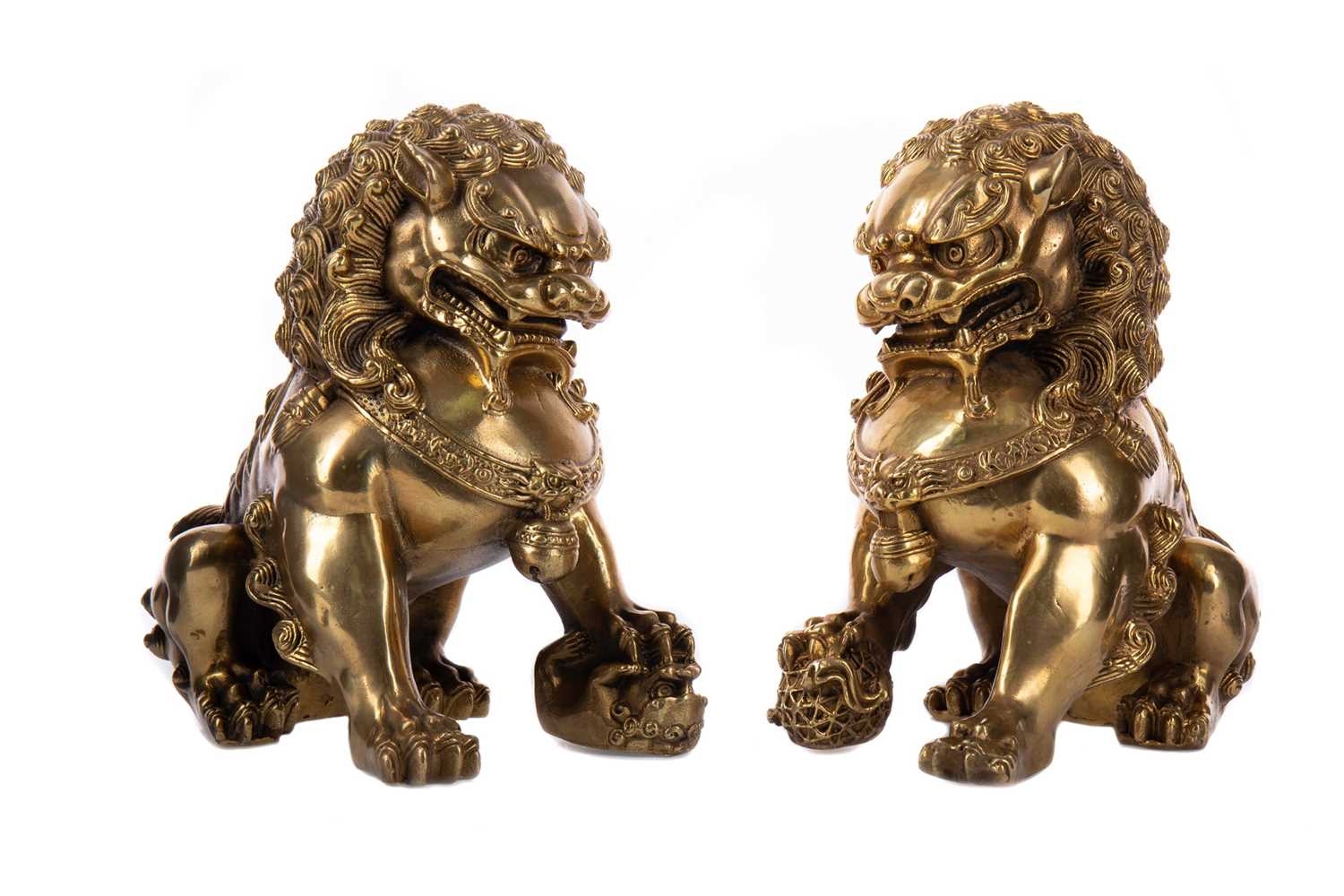 Lot 1850 - A PAIR OF 20TH CENTURY CHINESE GILT BRASS FOE DOGS