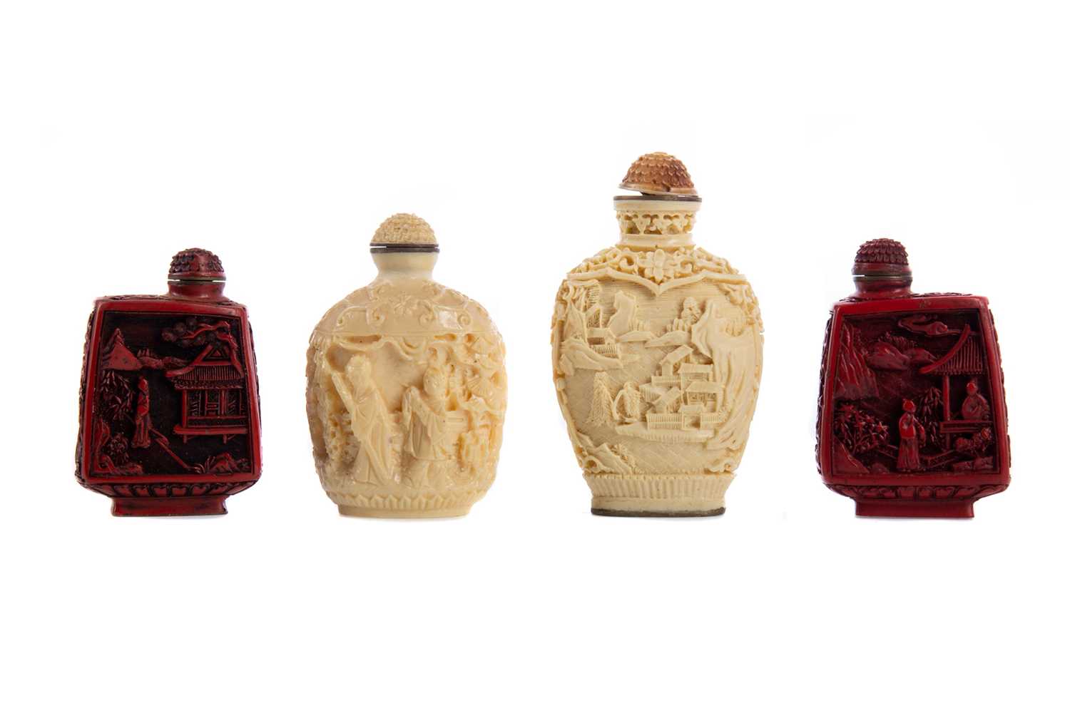 Lot 1856 - A PAIR OF 20TH CENTURY CHINESE SNUFF BOTTLES AND TWO FURTHER BOTTLES