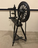 Lot 1039 - LATE VICTORIAN OAK SPINNING WHEEL the treadle...