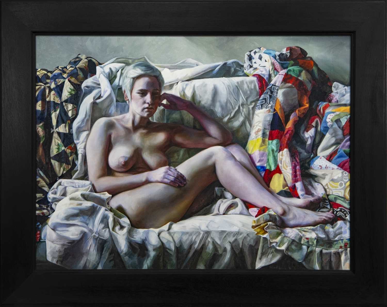Lot 513 - SOPHIE ON PATCHWORK, AN OIL BY FELIX DALY