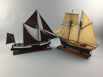 Lot 70 - A LOT OF TWO PAINTED WOOD MODEL SAILING BOATS, ANOTHER AND A CARVED WOOD CAPTAIN