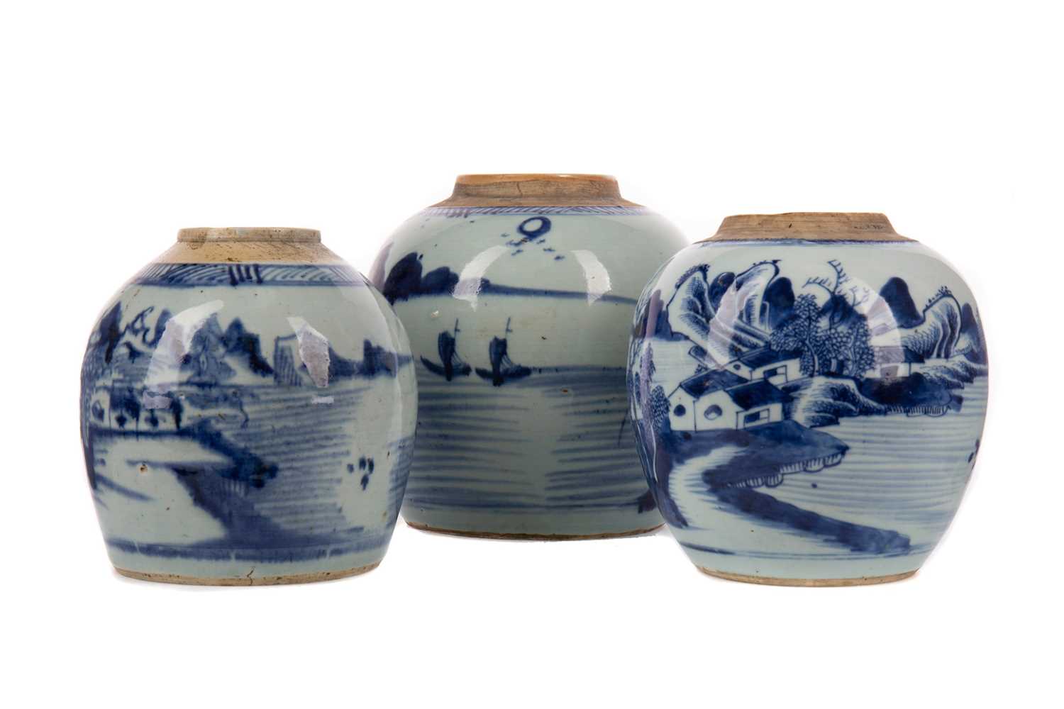 Lot 1855 - THREE EARLY 19TH CENTURY CHINESE BLUE AND WHITE GINGER JARS