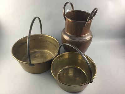 Lot 71 - A COPPER TWO HANDLED MILK CHURN ALONG WITH TWO BRASS JELLY PANS