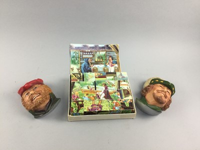 Lot 109 - A VINTAGE SNOW WHITE AND SEVEN DWARVES WOODEN CUBE GAME ALONG WITH TWO WALL HANGINGS