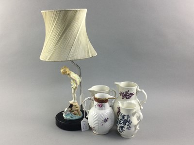 Lot 151 - A ROYAL WORCESTER FIGURAL TABLE LAMP AND ROYAL WORCESTER AND COALPORT JUGS