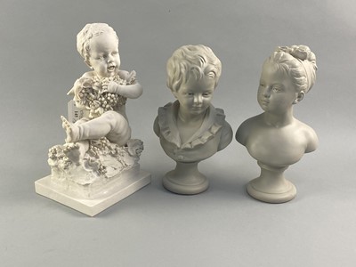 Lot 145 - A PAIR OF BUSTS AND A FIGURE OF A CHERUB
