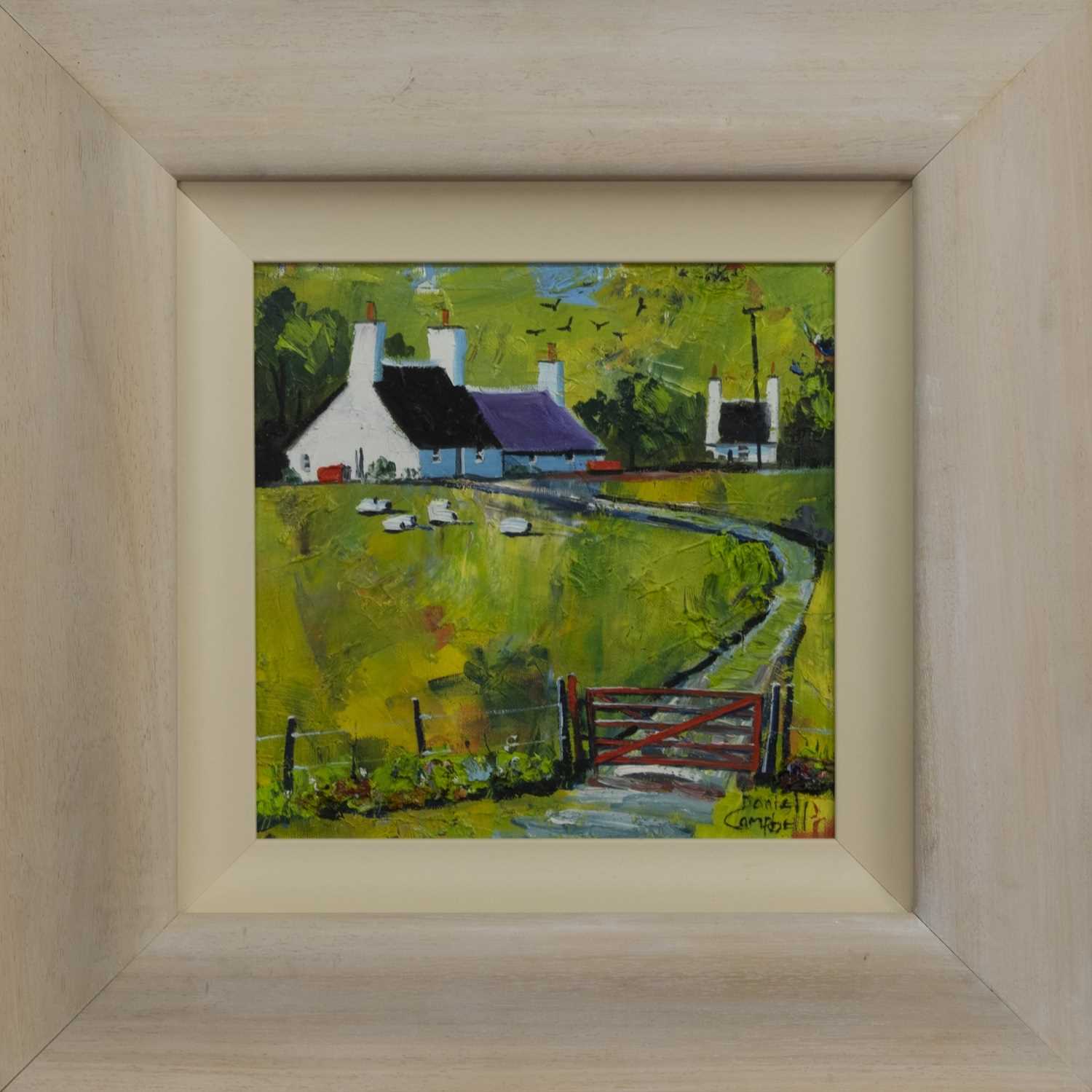 Lot 522 - SHEEP AND CROFT, AN OIL BY DANIEL CAMPBELL