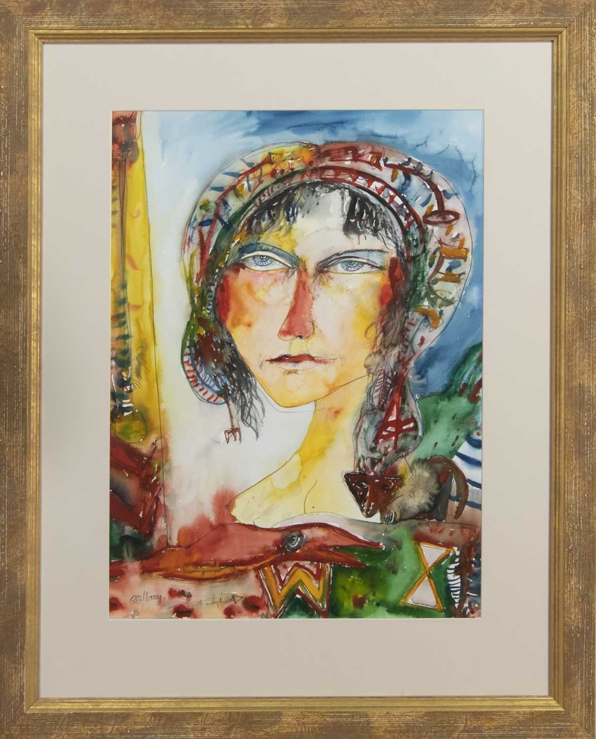 Lot 520 - WOMAN WITH CAT, A WATERCOLOUR BY JOHN BELLANY