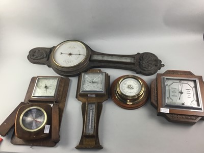 Lot 224 - AN OAK WALL BAROMETER ALONG WITH OTHER BAROMETERS