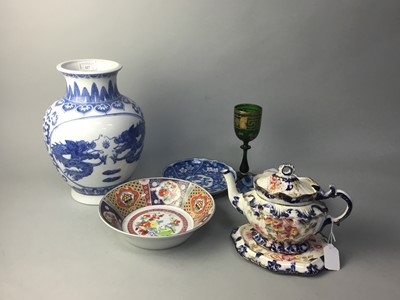 Lot 227 - A CHINESE BLUE AND WHITE VASE ALONG WITH OTHER CERAMICS