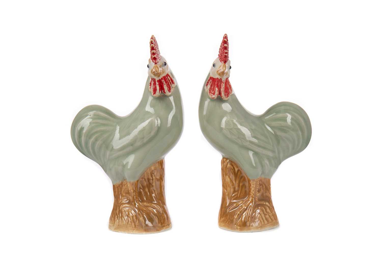 Lot 1843 - A PAIR OF 20TH CENTURY CHINESE CELADON COCKERELS