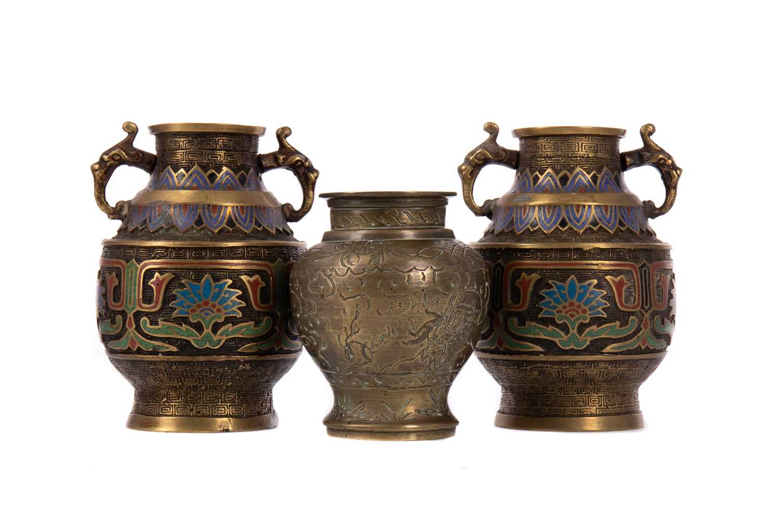 Lot 1847 - A 20TH CENTURY PAIR OF CHINESE ENAMEL BRONZE VASES AND A CHINESE BRONZE VASE