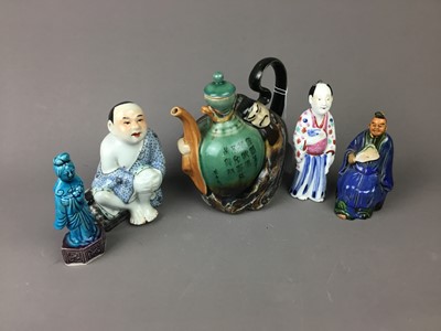 Lot 60 - A CHINESE NOVELTY TEAPOT AND FOUR CHINESE FIGURES