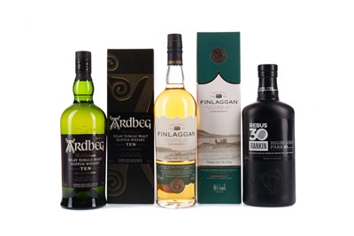 Lot 39 - HIGHLAND PARK REBUS 30 AGED 10 YEARS, ARDBEG 10 YEARS OLD, AND FINLAGGAN OLD RESERVE