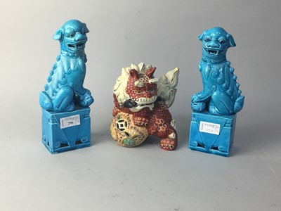 Lot 296 - A PAIR OF CHINESE TURQUOISE GLAZED FOE DOGS AND ANOTHER