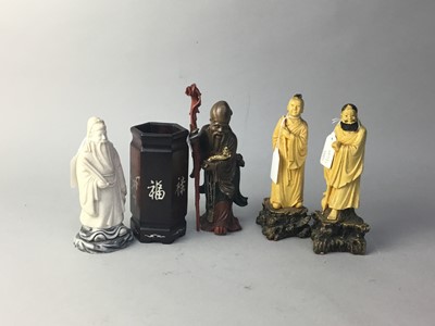 Lot 299 - A CHINESEWOOD HEXAGONAL BRUSH POT AND FOUR CHINESE MALE FIGURES