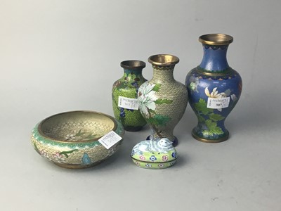 Lot 307 - A LOT OF THREE CHINESE CLOISONNE VASES, A BOWL AND BOX