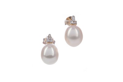 Lot 1431 - A PAIR OF PEARL AND DIAMOND EARRINGS
