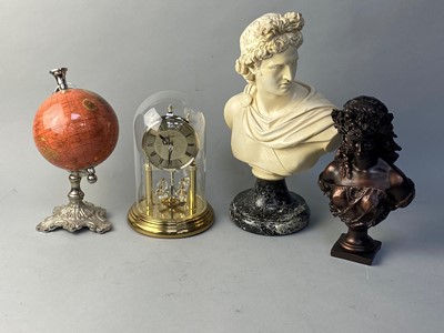 Lot 276 - A COMPOSITE CLASSICAL BUST, ANOTHER BUST, TABLE GLOBE AND A CLOCK