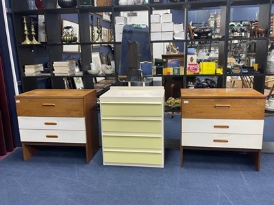 Lot 262 - A RETRO PAINTED CHEST OF FOUR DRAWERS WITH DRESSING MIRROR AND OTHER DRAWERS