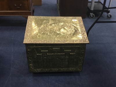 Lot 266 - A BRASS EMBOSSED LOG BOX WITH OTHER BRASS AND SILVER PLATED OBJECTS