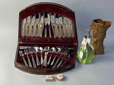 Lot 269 - A CANTEEN OF STAINLESS STEEL CUTLERY, A ROYAL DOULTON FIGURE AND OTHER ITEMS