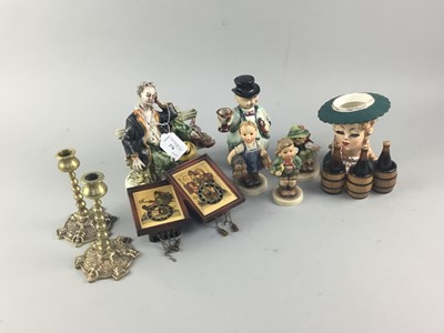 Lot 278 - A LOT OF HUMMEL AND OTHER FIGURES, GUINESS MINIATURES AND BRASS CANDLESTICKS