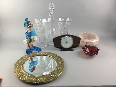 Lot 314 - A MURANO GLASS CLOWN FIGURE, CRYSTAL AND GLASS, BRASS MIRROR AND MANTEL CLOCK