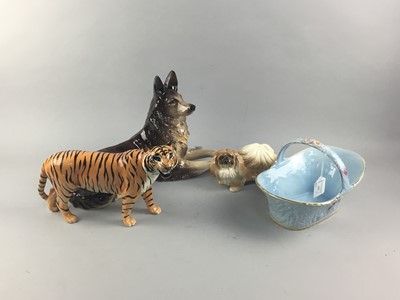 Lot 293 - A BESWICK FIGURE OF A TIGER, TWO DOG FIGURES AND A MELBA POTTERY BASKET
