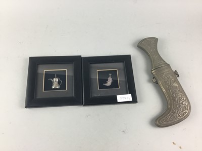 Lot 334 - AN ORNAMENTAL TURKISH DAGGER AND TWO FRAMED MINIATURE PIECES