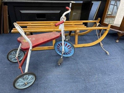 Lot 339 - A VINTAGE WOOD SLED AND A CHILD'S TRIKE