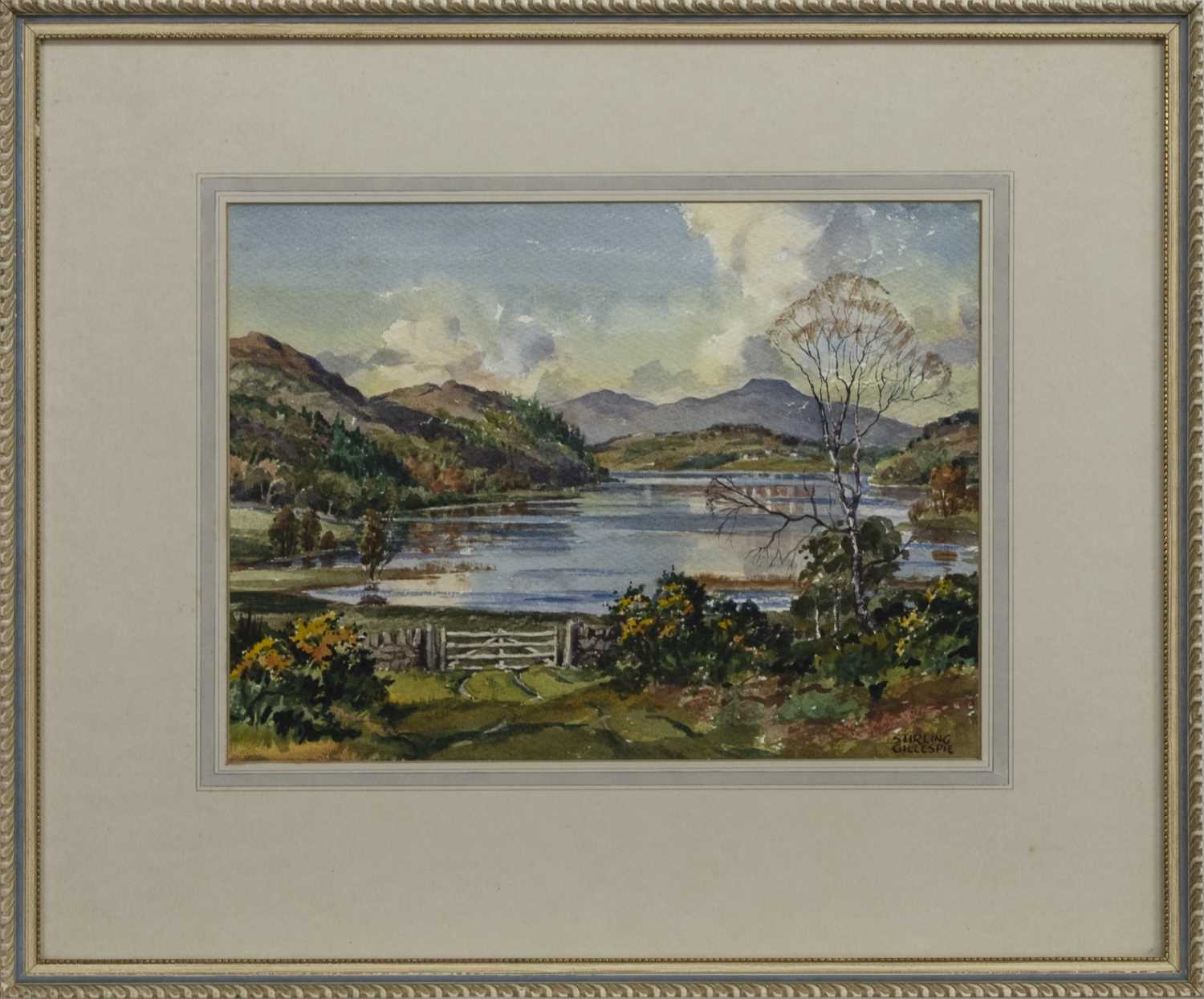 Lot 550 - LOCH VIEW WITH A FENCE, A WATERCOLOUR BY STIRLING GILLESPIE