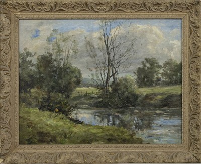 Lot 30 - RIVER AND SHEEP IN SPRING, AN OIL BY EMILE VAN MARCKE