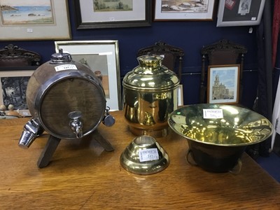 Lot 345 - A BRASS HAMMERED TEA CADDY ALONG WITH A NOVELTY WOODEN WHISKY DISPENSER