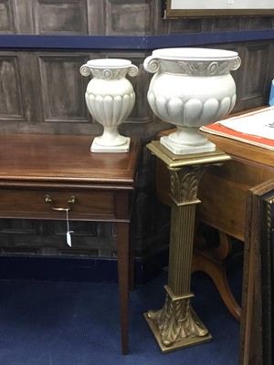 Lot 392 - A LOT OF TWO PLASTER VASES ALONG WITH A GILTWOOD PILLAR