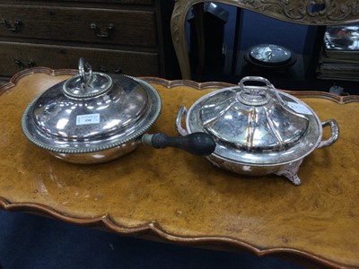 Lot 398 - A SILVER PLATED CIRCULAR BREAKFAST DISH ALONG WITH ANOTHER