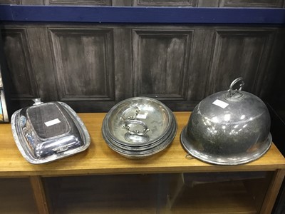 Lot 399 - A PAIR OF SILVER PLATED OVAL ENTREE DISHES AND COVERS ALONG WITH OTHER PLATED ITEMS