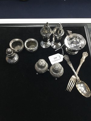 Lot 412 - A SILVER THREE PIECE CONDIMENT SET, SILVER SALT AND PEPPER POTS AND A CHRISTENING SET