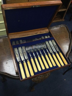 Lot 404 - A SET OF TWELVE VICTORIAN SILVER PLATED FISH KNIVES AND FORKS ALONG WITH OTHER PLATED FLATWARE