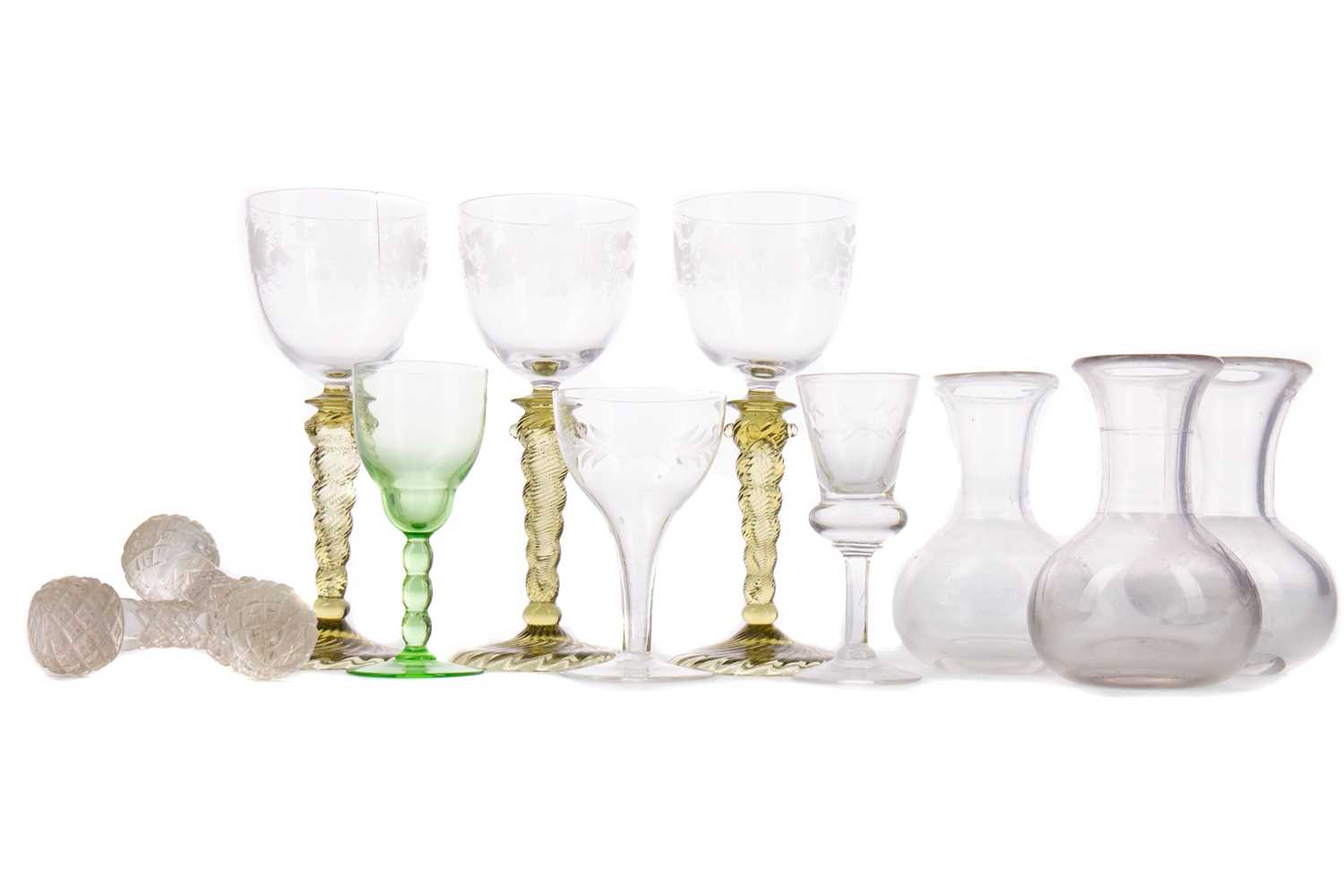 Lot 1107 - A SET OF THREE EARLY 20TH CENTURY WINE GLASSES AND OTHER GLASS WARE