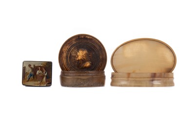 Lot 801 - A 19TH CENTURY LACQUERED PAPIER MACHE SNUFF BOX AND TWO OTHER BOXES