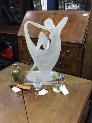 Lot 417 - AN ART DECO STYLE FROSTED RESIN FIGURE OF A SEMI NUDE WOMAN ALONG WITH OTHER ITEMS