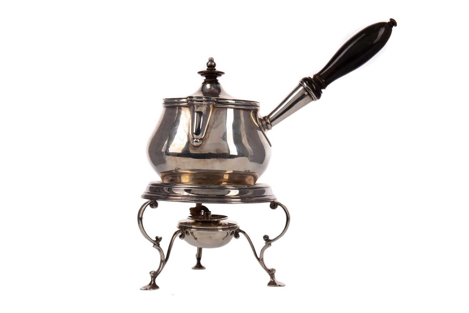 Lot 516 - A SILVER BRANDY WARMING PAN ON STAND