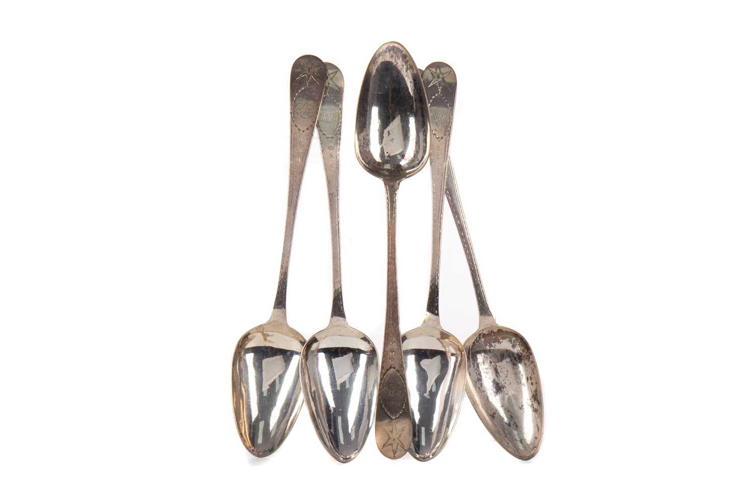 Lot 527 - A SET OF FIVE GEORGE III IRISH SILVER TABLE SPOONS