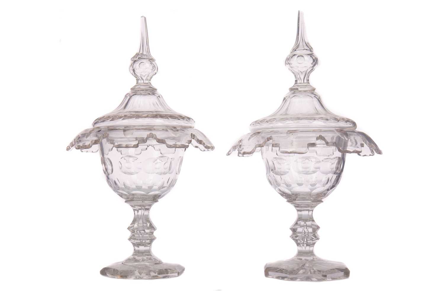 Lot 1110 - AN ATTRACTIVE PAIR OF EARLY VICTORIAN GLASS SWEETMEAT JARS