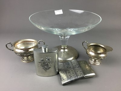 Lot 11 - A GLASS DECANTER WITH SILVER COLLAR AND A GLASS TAZZA WITH SILVER FOOT AND OTHER OBJECTS