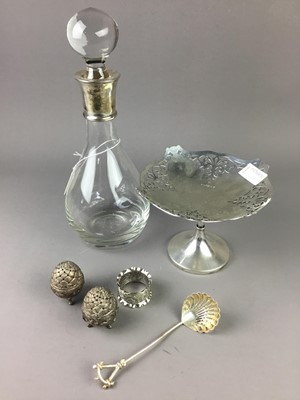Lot 11 - A GLASS DECANTER WITH SILVER COLLAR AND A GLASS TAZZA WITH SILVER FOOT AND OTHER OBJECTS